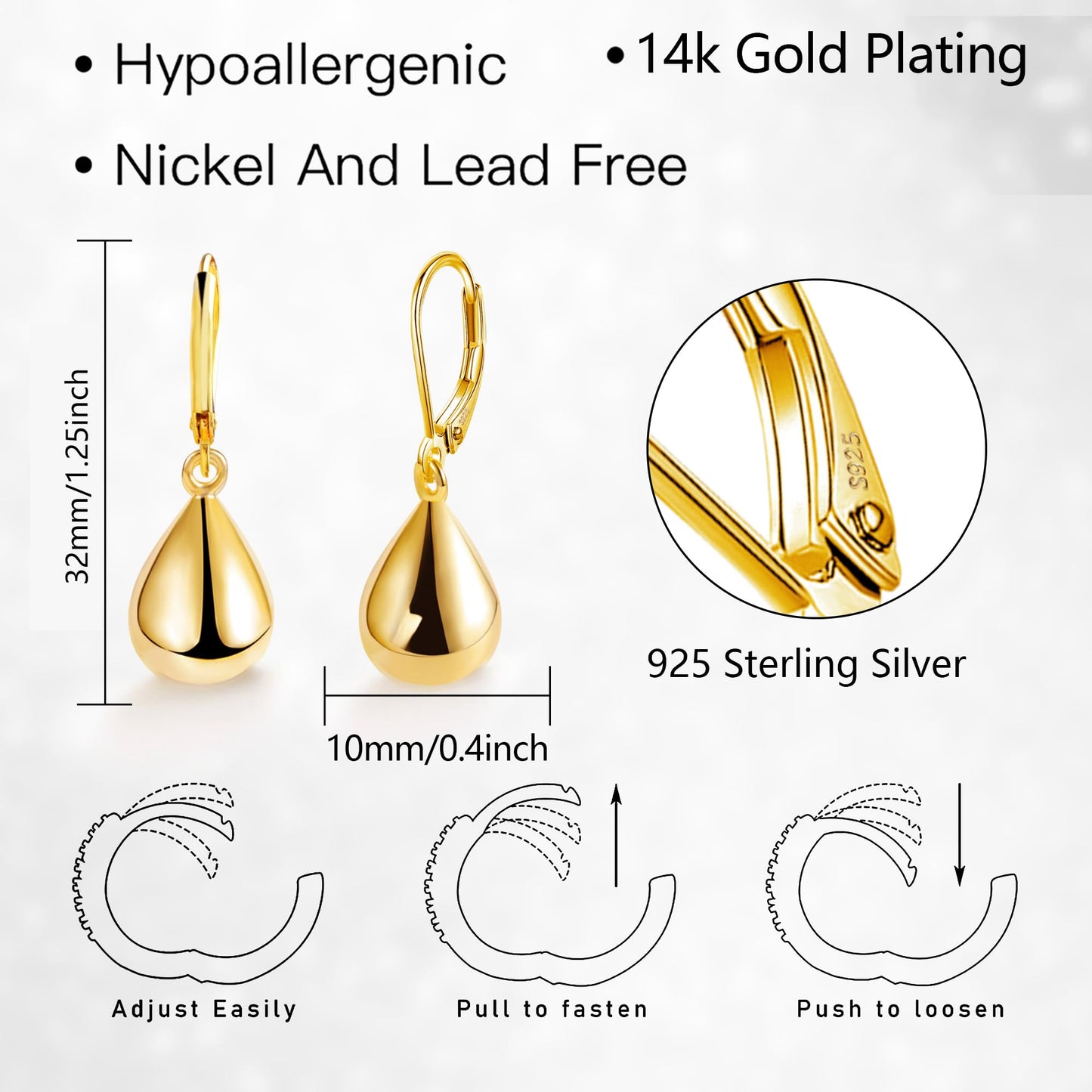Teardrop Leverback Dangle Earrings for Women 14K Gold Tear Drop Waterdrop Dangle Earrings for Women Trendy Hypoallergenic Teardrop Leverback Earring