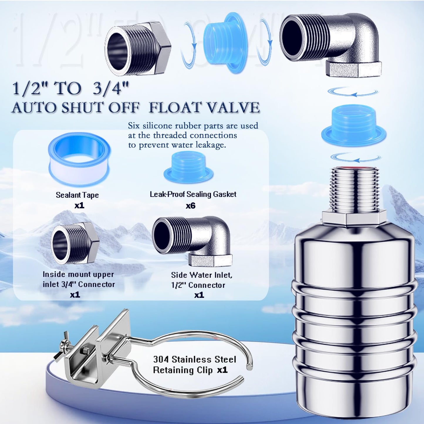 Float Valve,1/2" to 3/4'' water level control float valve, 304 Stainless Steel Fully Automatic Watershut off valve, Automatic Water Level Controller for Tank, Pool, Livestock Troughs.
