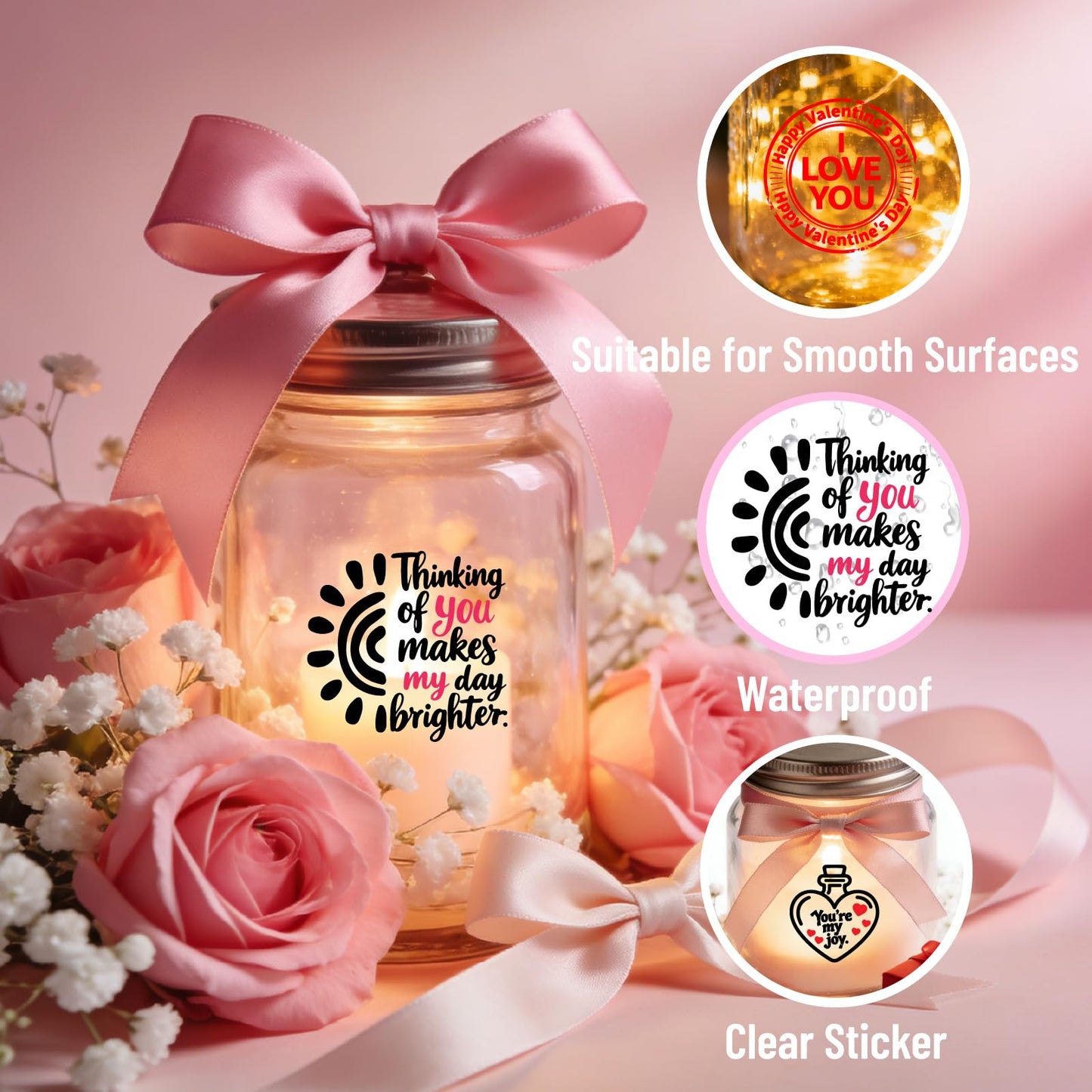 PRESSINART 25Pcs 25 Styles Valentines Vinyl Stickers for Jars Love Words Pattern PVC Self Adhesive Waterproof Holiday Cup Sticker Set for Scrapbooking Card Making Gift Glass Water Bottle Decoration
