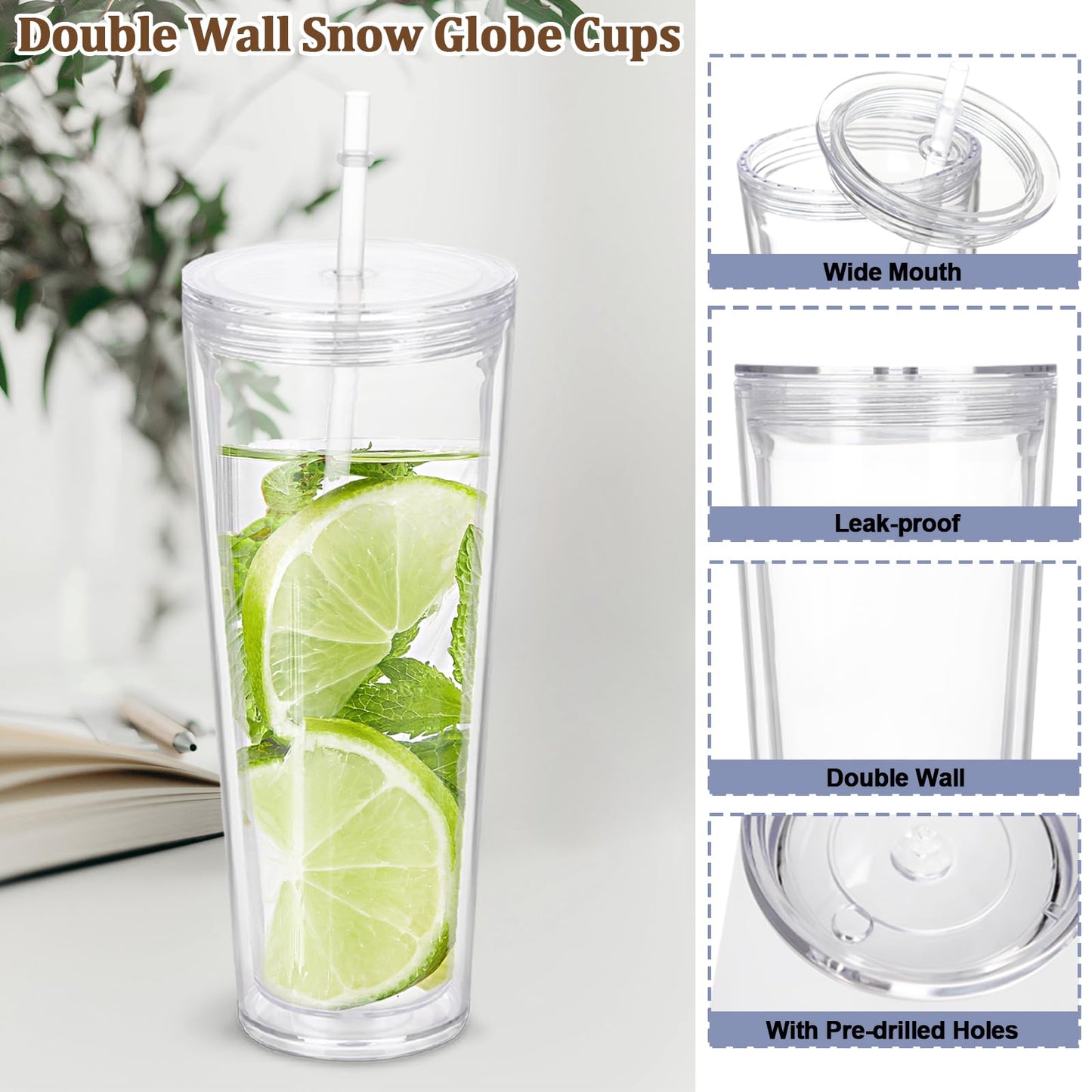 Micellwuu 8 Pack 24Oz Snow Globe Tumblers, Double Wall Acrylic Snowglobe Cup with Pre Drilled Hole, Lids, Straws and Plug, Reusable Clear Plastic Tumbler for Snow Globe Glitter DIY