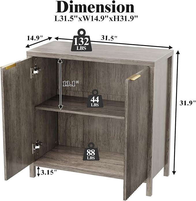 Sideboard Buffet Cabinet Set of 2, 31" Fluted Storage Cabinet with 2 Doors and Adjustable Shelves, Modern Sideboard Console Table for Living Room,Entryway,Dinning Room,Kitchen-Grey