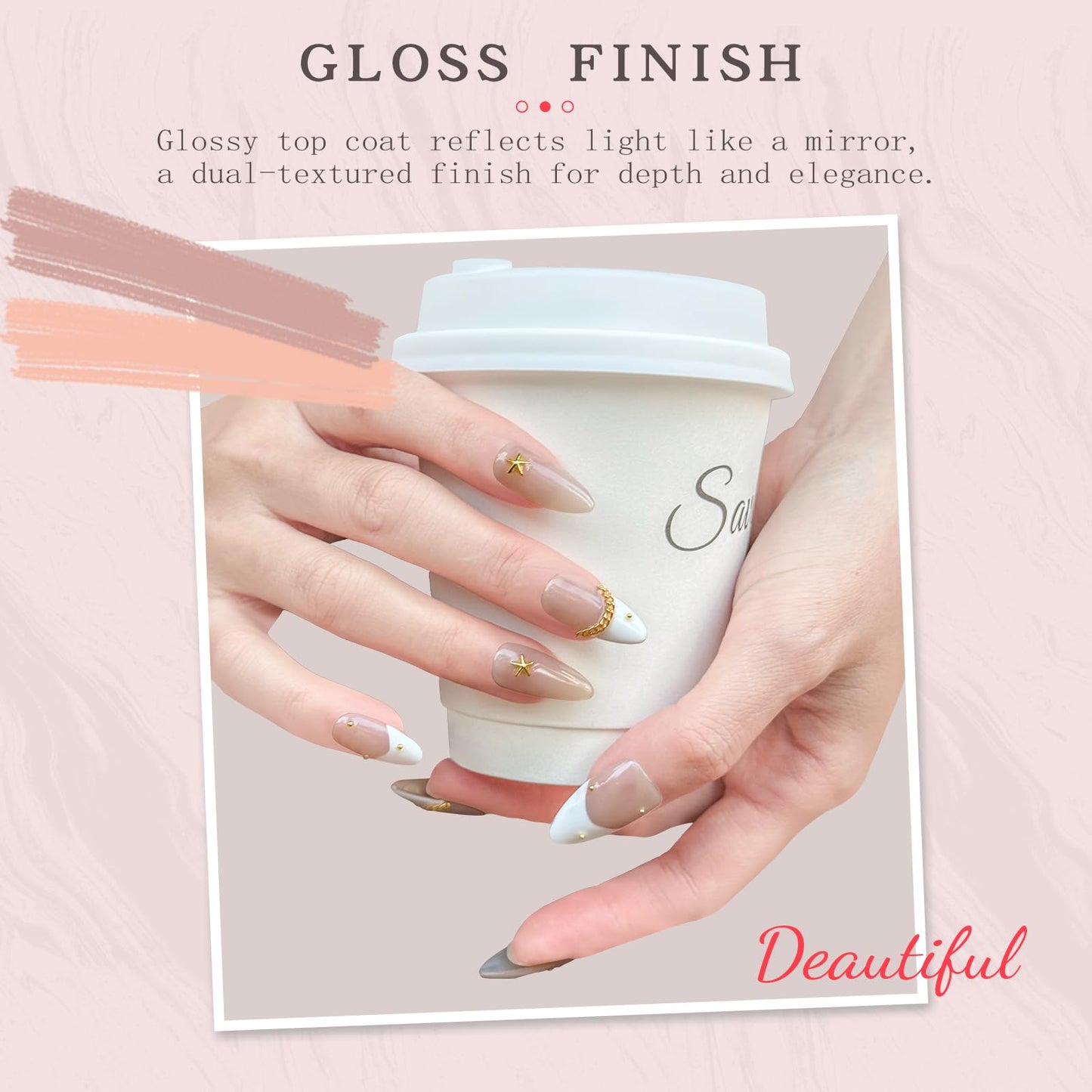 Handmade Press On Nails Medium Almond Shape - 3D Gold Metallic Embellished White French Manicure False Nails, Minimalist Spring & Summer Design | Salon Quality Reusable Fake Nails (10PCS-M)