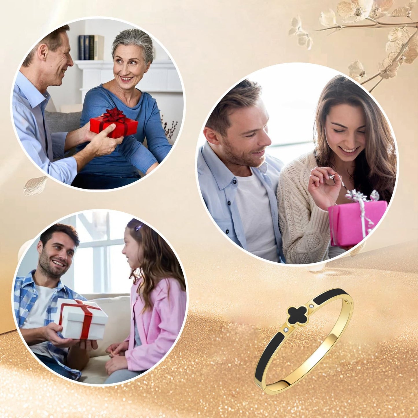 KYJAC 18k Gold Plated Stainless Steel Four Leaf Clover Bracelet for Women - Non-Tarnish, Precision Polished Chunky Oval Bangle in Black, White, Pink, Red Clover Bangle
