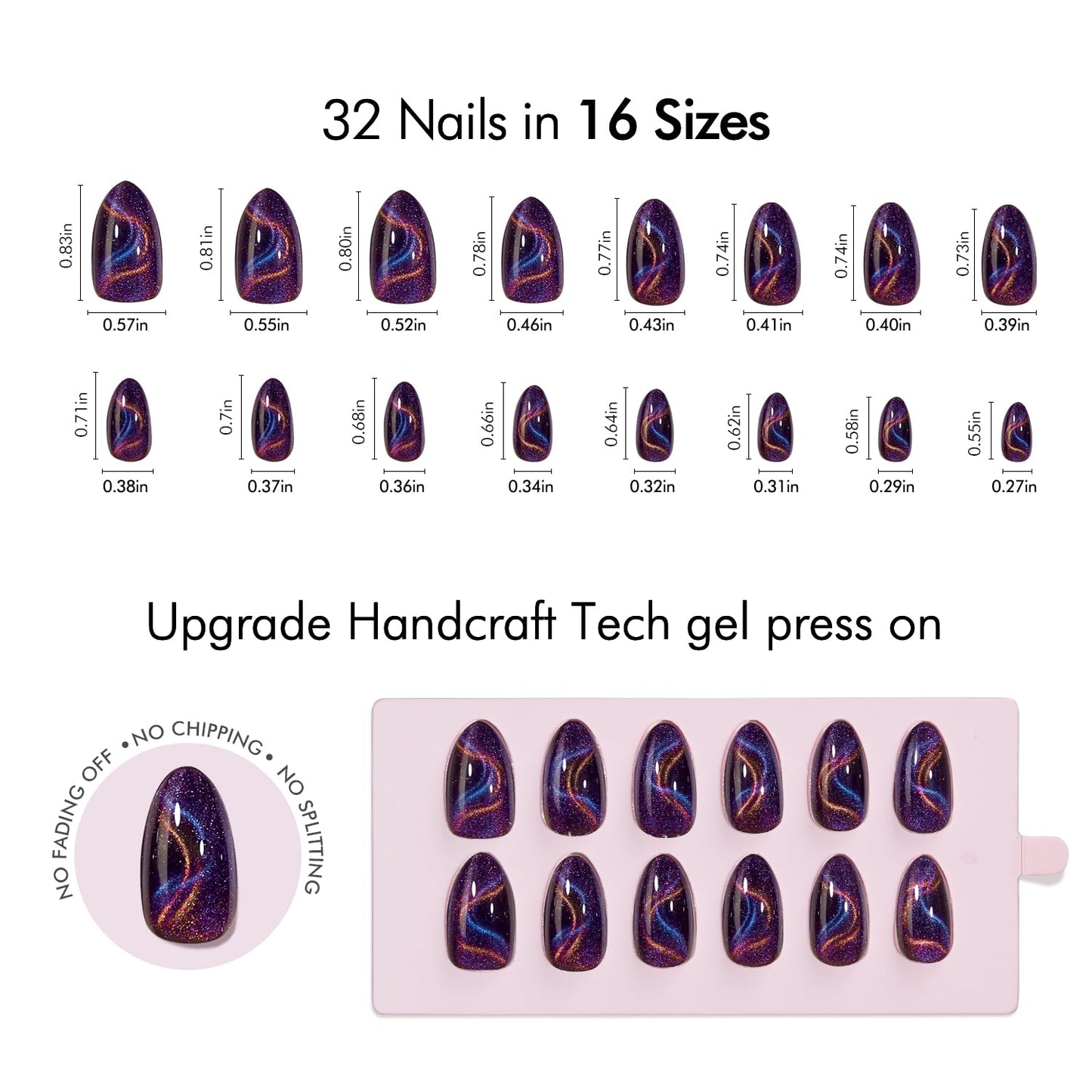 VSALON Press on Nails Short Almond - Cat Eye Dark Purple Shimmer Nails Kit for Women, Blue Pink Ribbon Shining Reusable Opaque Salon Quality Glue on Nails - 32 PCS 16 Sizes