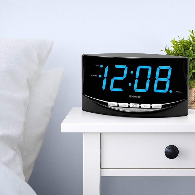 Sharp Digital Alarm Clock, 2" Jumbo Blue LED Display, High/Low Volume | 2-step dimmer, easy-set controls, snooze, battery backup, across-room viewing, bedroom, nightstand, office, seniors, elderly