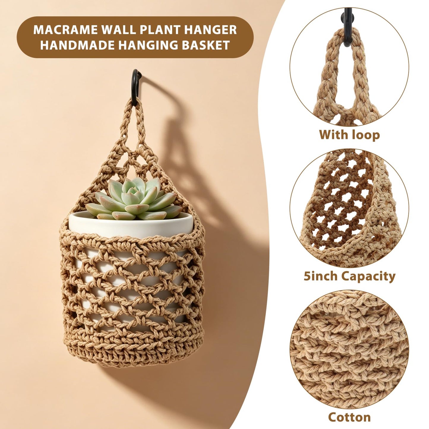 4-Pack 5-Inch Macrame Wall Plant Hangers, Natural Cotton Hanging Planter Baskets for Indoor Plants, Boho-Style Woven Plant Baskets for Walls, Small Hanging Pots for Succulents and Kitchen Storage
