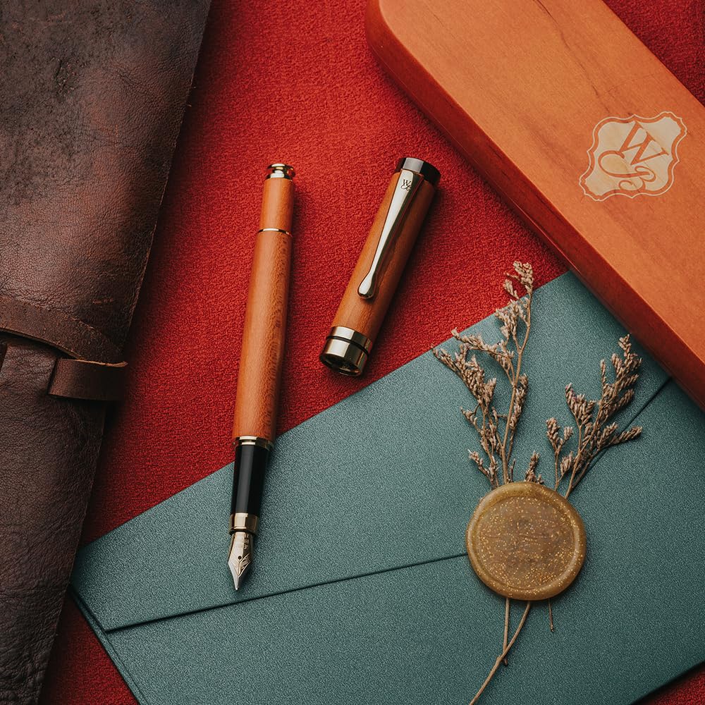 Wordsworth & Black Fountain Pen Set, Luxury Bamboo Wood - Medium Nib, Gift Case; Includes 6 Ink Cartridges, Ink Refill Converter -Journaling, Calligraphy; Drawing, Smooth Writing [Cherry Wood]