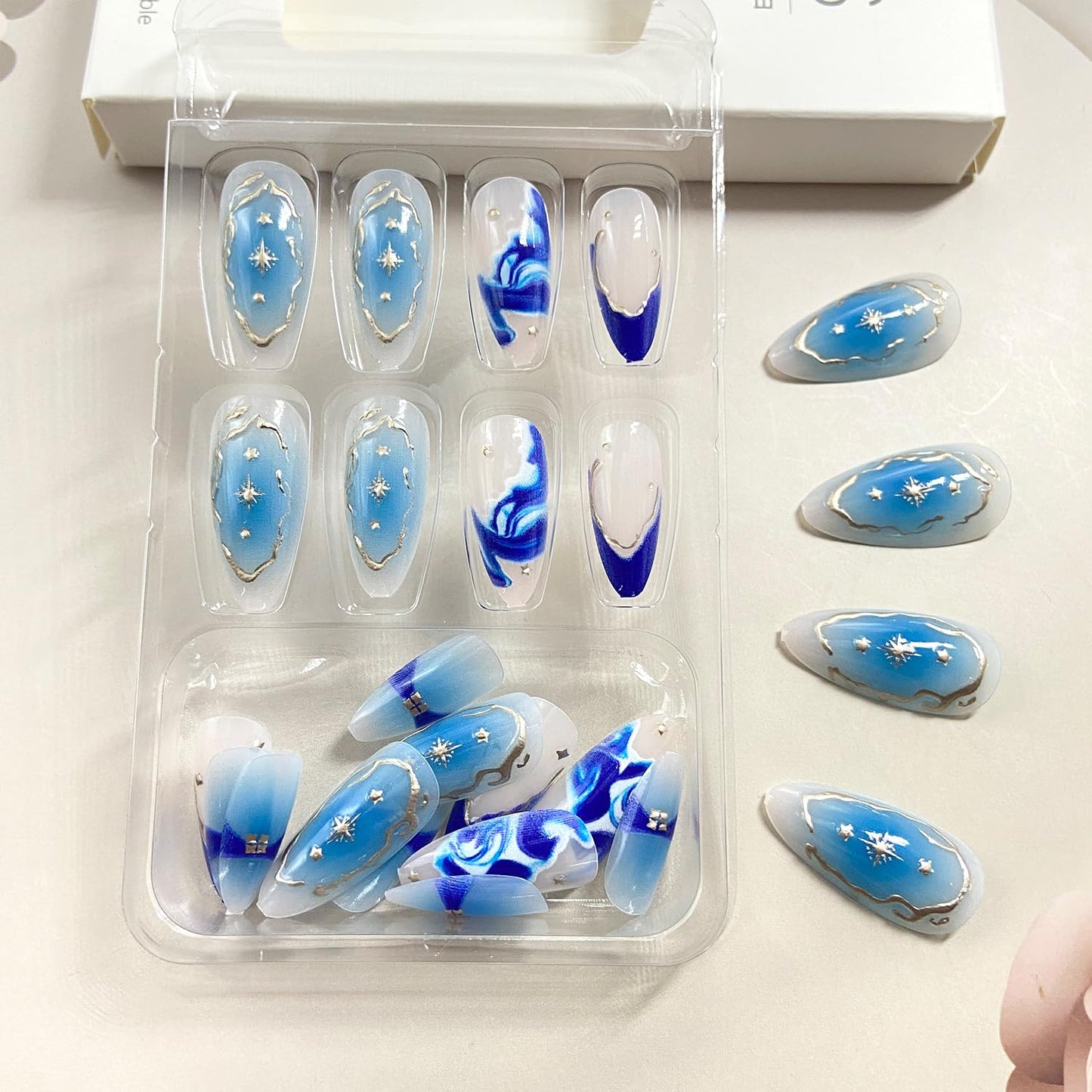 Blue Marble French Tip Press on Nails Long Almond Fake Nails with Design Glossy Gradient Acrylic Glue on Nail Reusable Full Cover Artificial Stick on Nail for Women DIY Manicure
