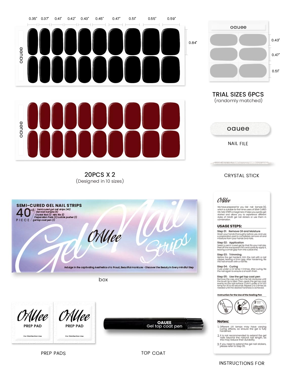 Semi Cured Gel Nail Strips 2 Styles | Built-In Gel Top Coat | UV Light Required | Salon Quality, Easy Application And Removal（Deep red & black)