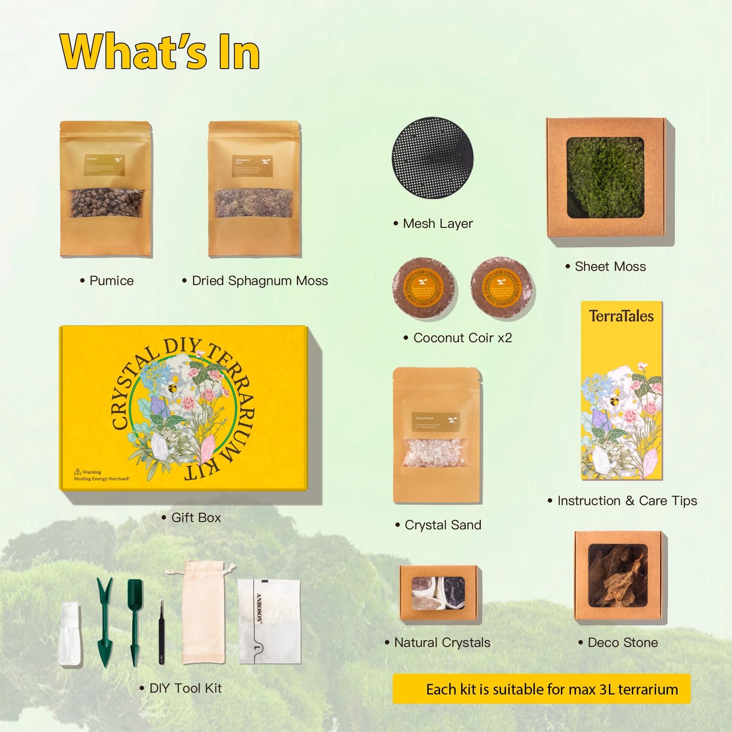 DIY Crystal Terrarium Kit - 21-Pieces All-in-One Starter Kit with Preserved Moss, Pumice, Crystals, Coconut Coir, Tools & Decor | Healing Gift for Relaxing | Plants Lovers | Home & Desk Decor