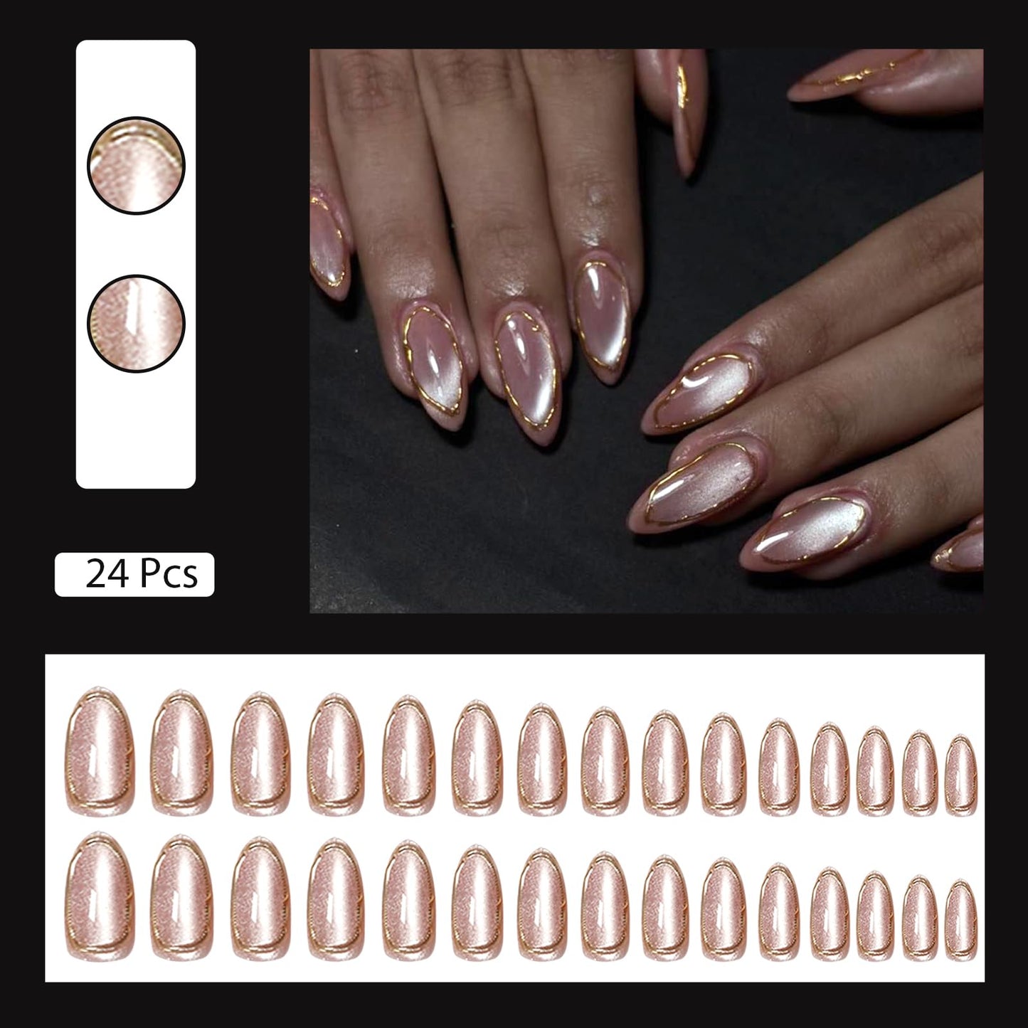 VOTACOS Cat Eye Acrylic Press on Nails Almond Medium Light Pink Acrylic Fake Nails Press Ons with Designs Gold Glue on Nail for Women 24PCS Reusable Artificial Stick on False Nail with 3D Line Designs