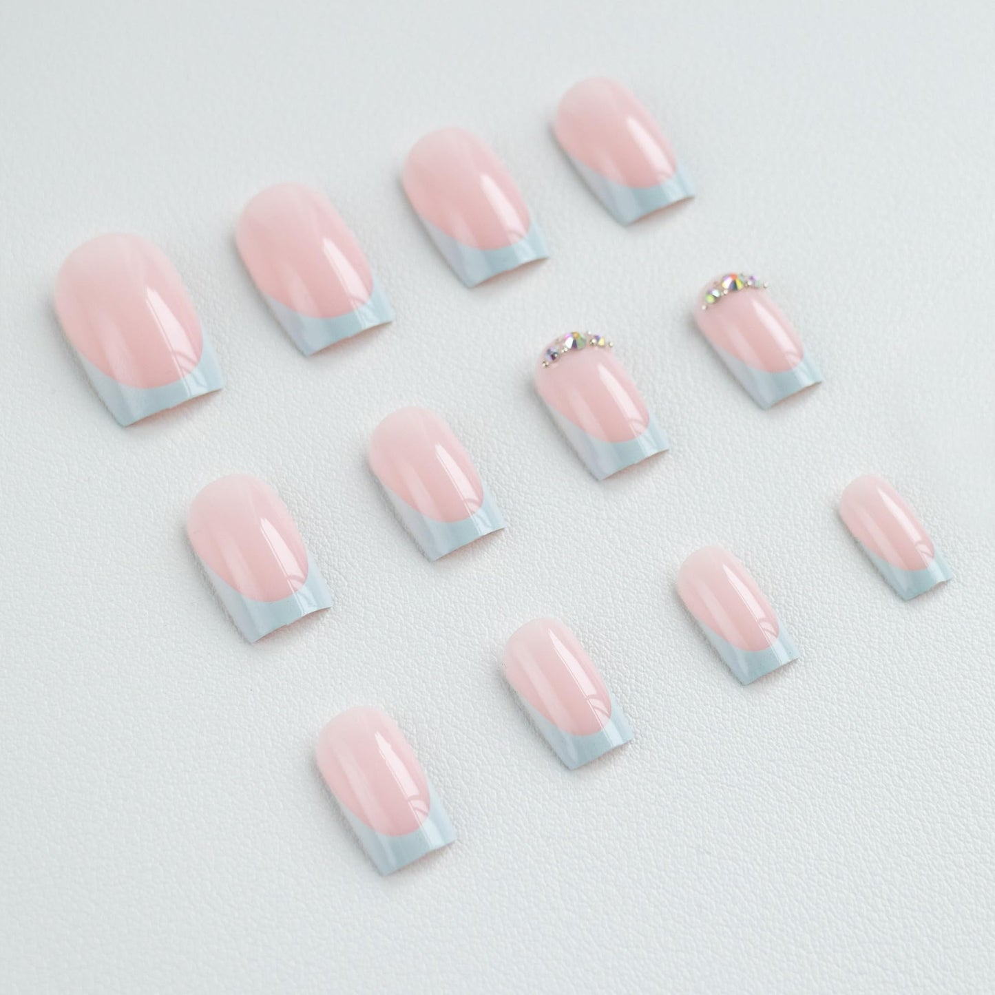 Medium Press On Nails Square Fake Nails French Tip False Nails With Rhinestone Design Full Cover Artificial Acrylic Nude Glue On Nail Glossy Stick On Nail For Women 24pcs