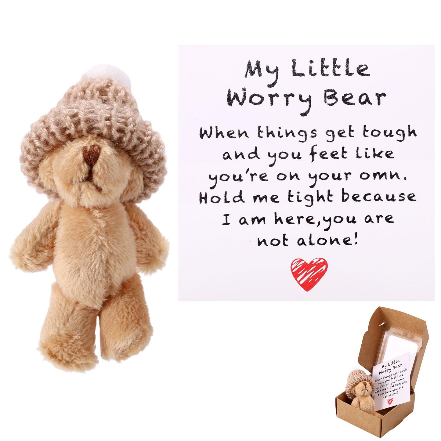 TOYMIS 1 Set Mini Plush Worry Bear with A Hat, Handmade Positive Small Plush Bear in A Box with Encouragement Little Card Inspirational Support Easter Egg Toy for Family Friend Coworkers Gift