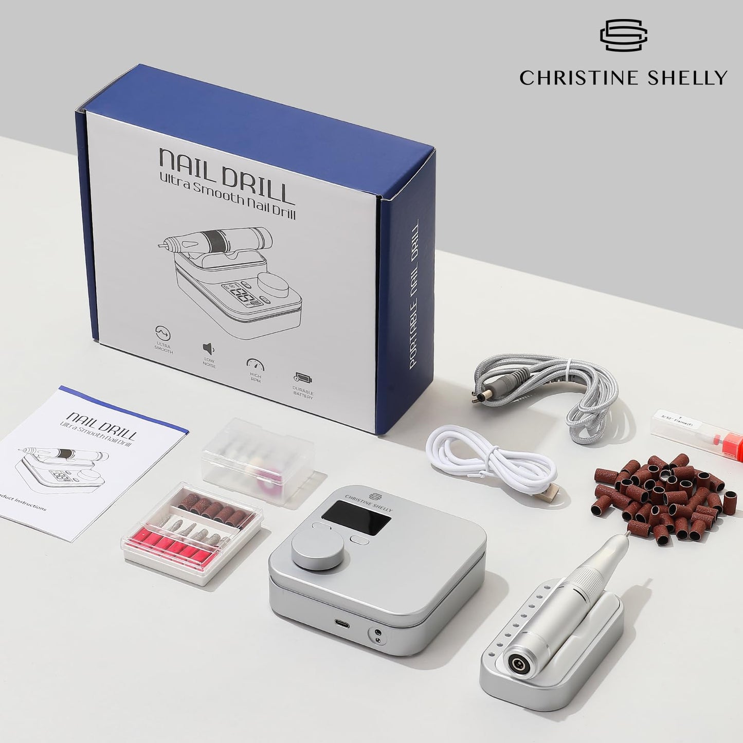 Rechargeable Nail Drill CHRISTINE SHELLY: 35000 PRM Electric Nail File, Professional Efile Nail Drill with Bits Kit for Acrylic Gel Polishing Removing