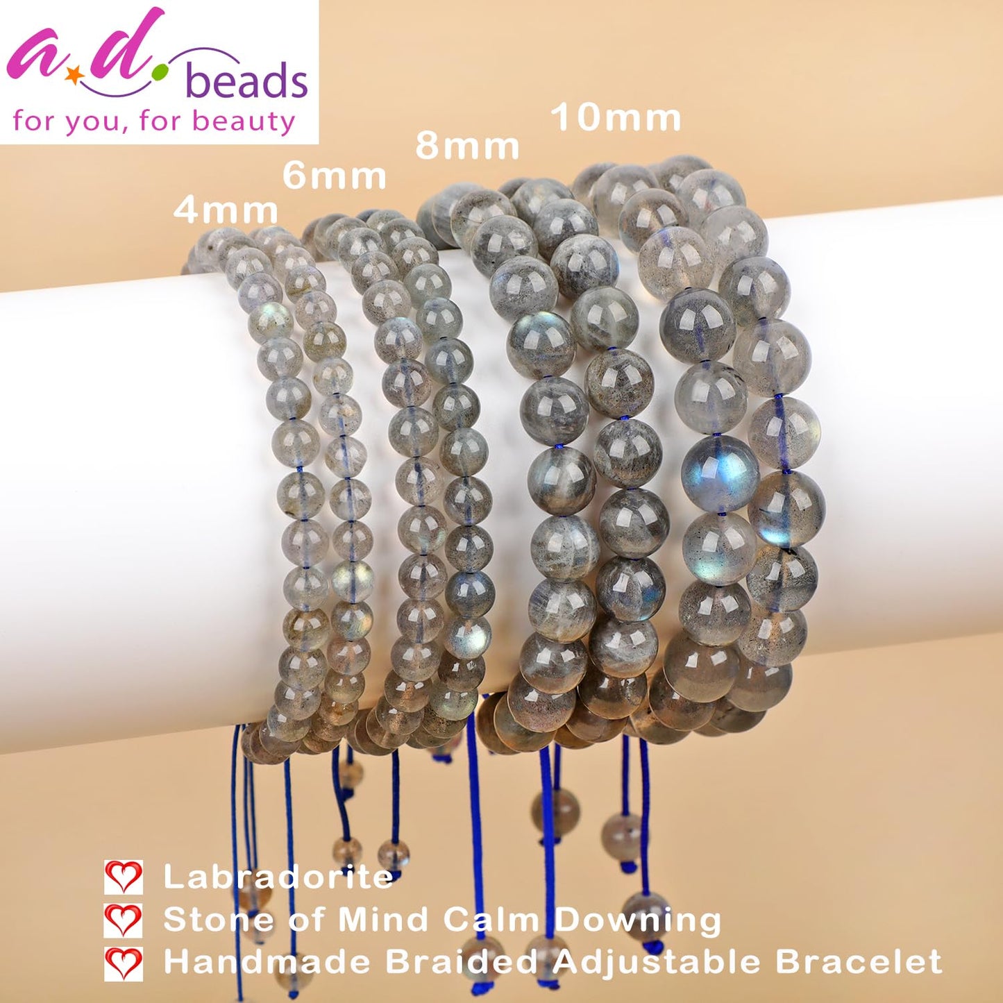 AD Beads 8mm Labradorite Bracelet - Stone of Mind Calm Downing - Handmade Natural Stone Crystal Bracelet with Adjustable Macrame String - Yoga Healing Power Energy Gifts for Men and Women