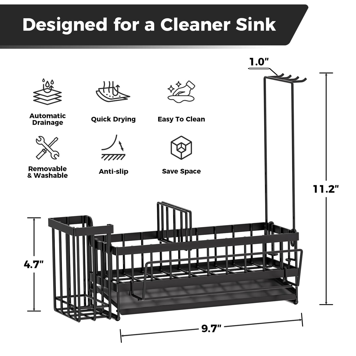 Sponge Holder for Kitchen Sink – Rustproof Stainless Steel with Detachable Drainboard, Brush Rack & Towel Bar | Compact, Non-Slip Design for Countertop Bathroom