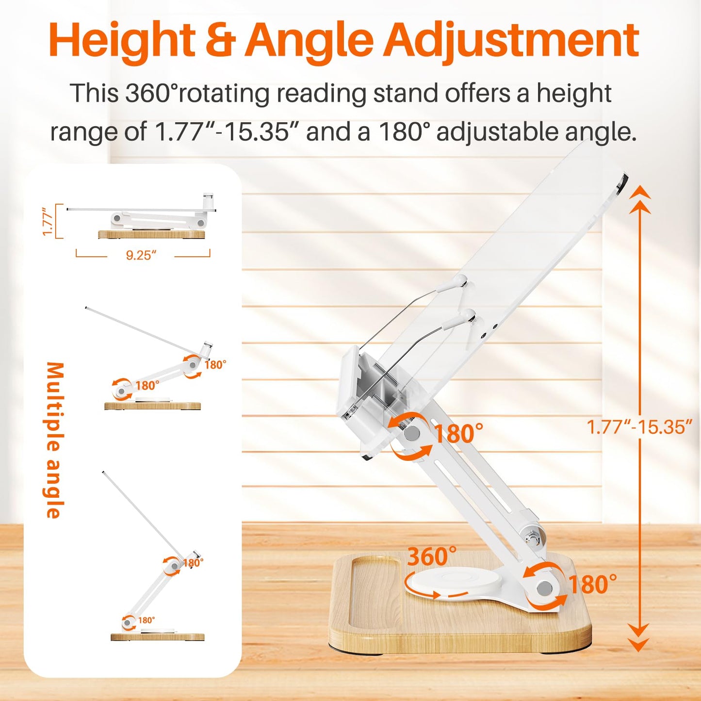 BYMECOST Acrylic Book Stand for Reading, 360°Rotating Book Holder with Pen Slot, Adjustable Height and Angle, Elastic Clips for Cookbook Stand, Foldable Desktop Riser for Laptop,Tablet,Recipe,Magazine