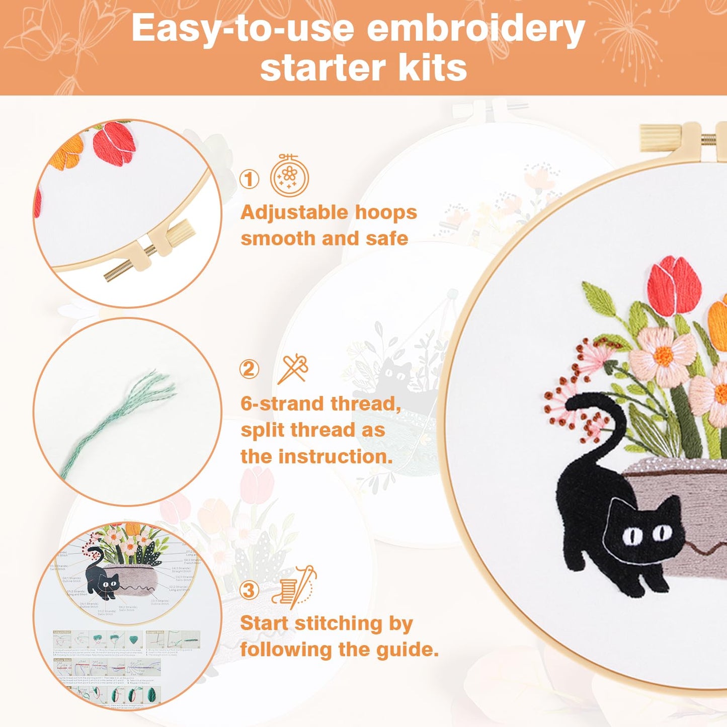 RidaaFri Embroidery Kit for Beginners, Set of 3 Stamped DIY Kits with Cat, Floral, Plant Patterns for Adults, Includes Hoop, Needles, Floss, Step-by-Step Video Tutorial, Complete Sewing Craft Supplies