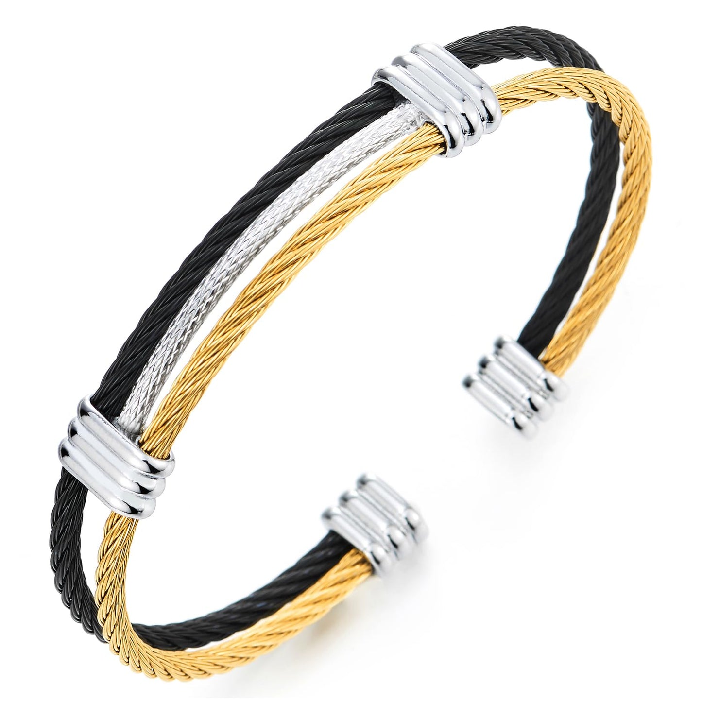 COOLSTEELANDBEYOND Men Women Stainless Steel Twisted Cable Adjustable Cuff Bangle Bracelet Black Gold Silver