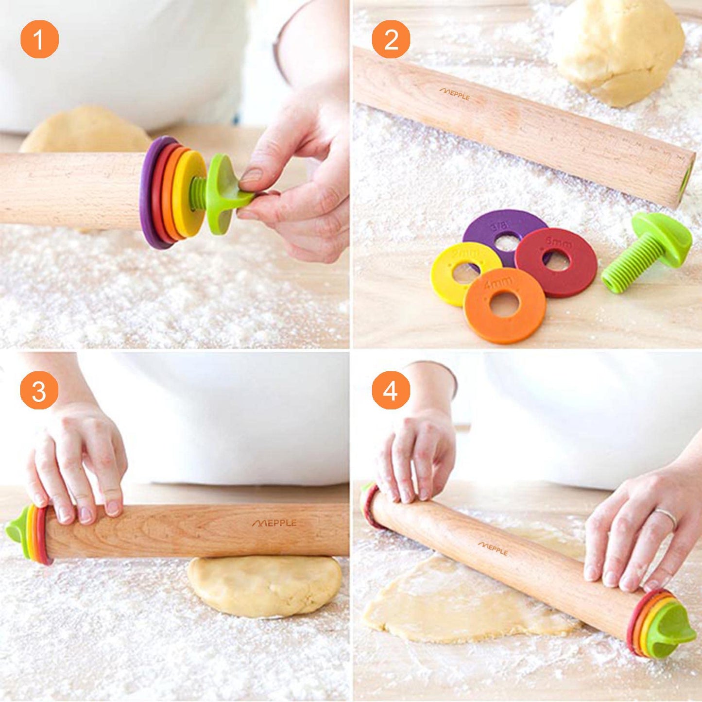 Mepple Rolling Pin with Thickness Rings for Baking,Fondant, Pizza, Pie Crust, Cookie, Pastry, Roller Rod for Dough Thickness, 13.6" Adjustable Wooden Rolling Pin with 4 Thickness Rings