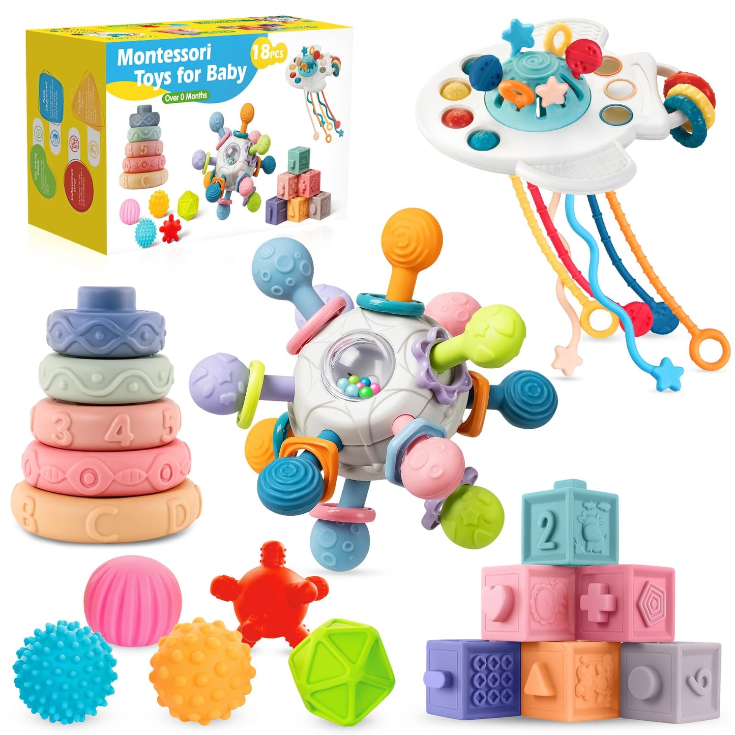 SpringFlower 0-3-6-12 Months Baby Toys, 5 in 1 Montessori Toys for Babies, Teething Toy & Stacking Building Block & Ring & Silicone Pull String, Sensory Development Baby Infant Toy, Gift for Babies