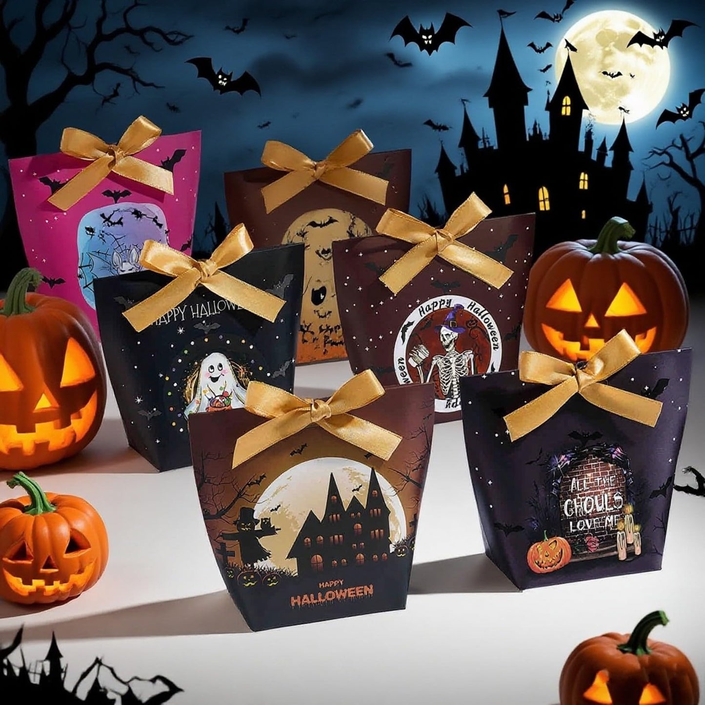 SLShePack 48 Set Halloween Treat Boxes with Ribbons,6 Patterns Gift Bags for Coworkers Decorations Boxes Party Favors Boxes
