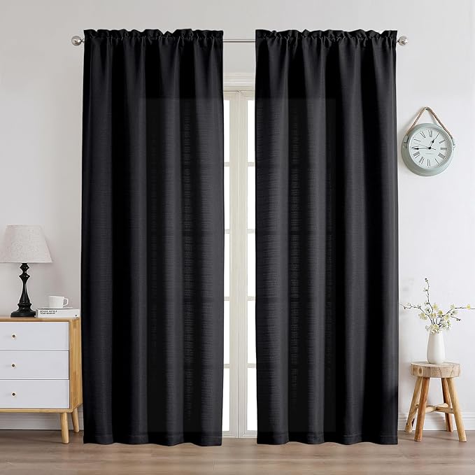 Chyhomenyc Black Curtains 84 Inches Long 2 Panels, Faux Linen Light Filtering Soft Burlap Textured Privacy Farmhouse Curtain Drapes for Living Room Bedroom, 40" Wx84 L