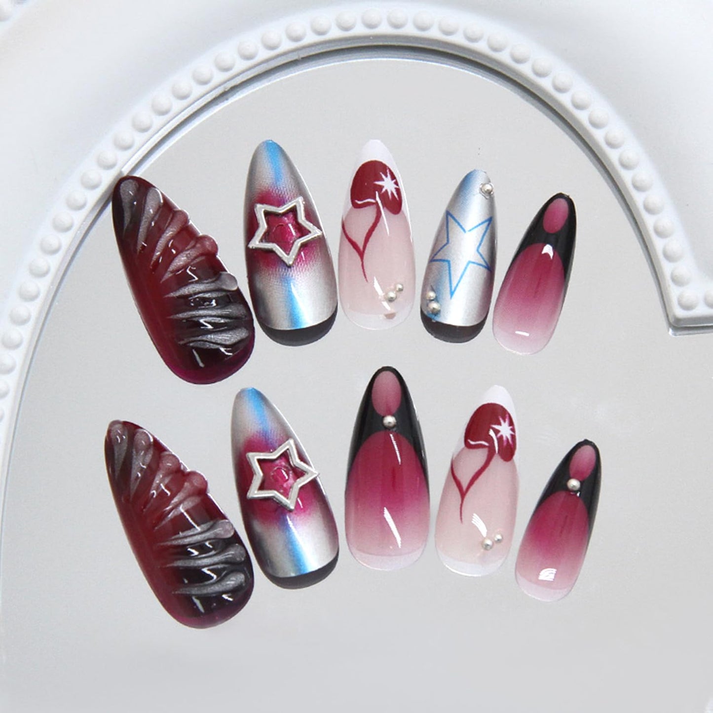 3D Star Charms Press on Nails Blush Gradient Fake Nails with French Tip Design Long Almond Full Cover False Nail for Women