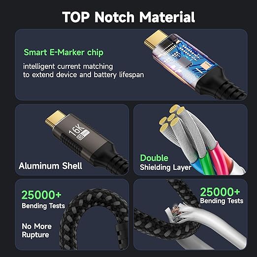 right angle USB C long Cable 10FT Compatible With Thunderbolt 5/4,Type C 240W Fast Charging,USBC 16K@60Hz/8K@120Hz HD Video Output for Display,90 degree USB 5/4 Cable 80Gbps Data Transfer for SSD/Dock