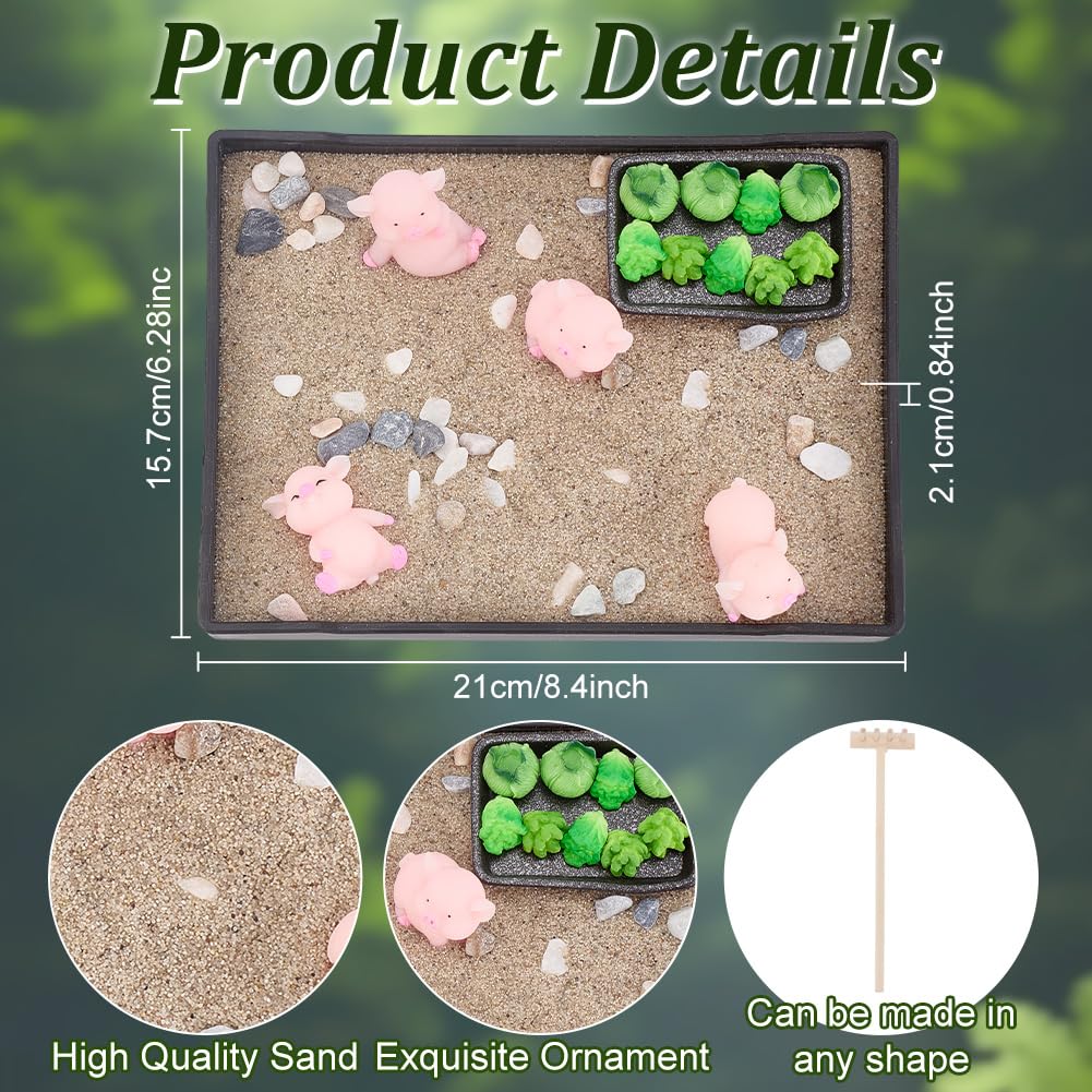 WEBEEDY Zen Garden Kit for Desk,Pig Theme Japanese Zen Sand Garden Box Decor Set with Tray,Sand,Tools for Desktop Meditation Decoration Sandbox Tray Kit Gift,Rectangular(8.3x6.2/21x15.7cm)