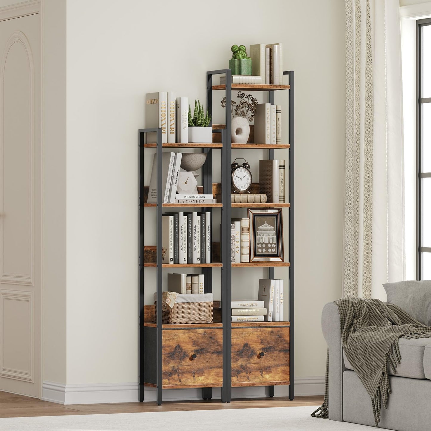 MAHANCRIS Bookshelf, 5-Tier Bookcase with Drawer, Small Book Shelf for Small Space, Storage Shelf Organizer, for Living Room, Bedroom, Study, Kitchen, Rustic Brown and Black BKHR55101
