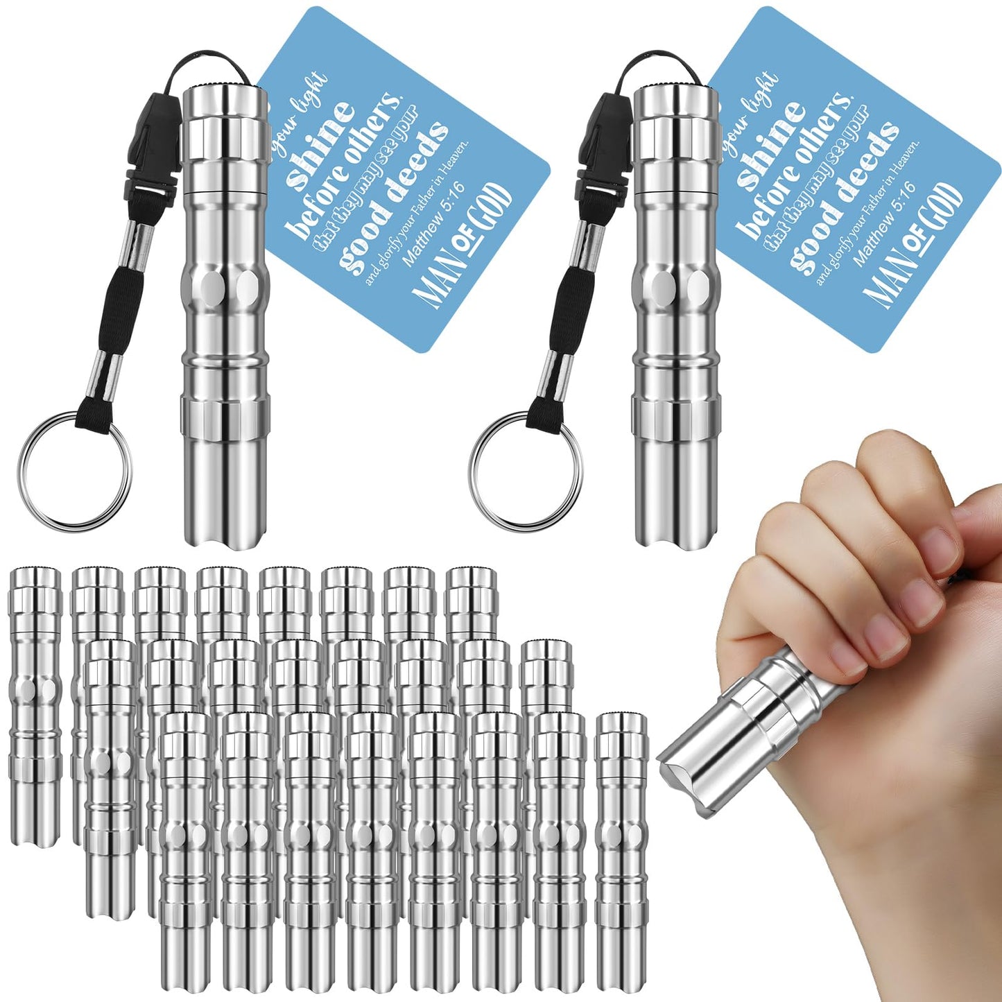 Tujoe 24 Sets Christian Flashlight Gift for Men Bulk Man of God Flashlight Keychains with Bible Verse Card Religious Father's Day Inspirational Keychains for Christian Men Church Supplies