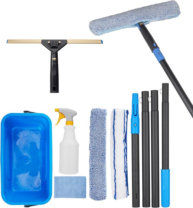 Window Cleaning Kit with Storage Bucket, Window Squeegee with 4.13ft Extension Pole, Scrubber, Spray Bottle,Duster Cloth, Squeegee with Rotating Head, Professional Window Cleaning Tools