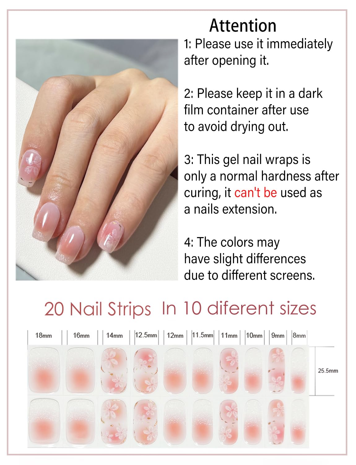 Sakura Semi Cured Gel Nail Strips: 20pcs Stickers, Wraps for Home DIY UV