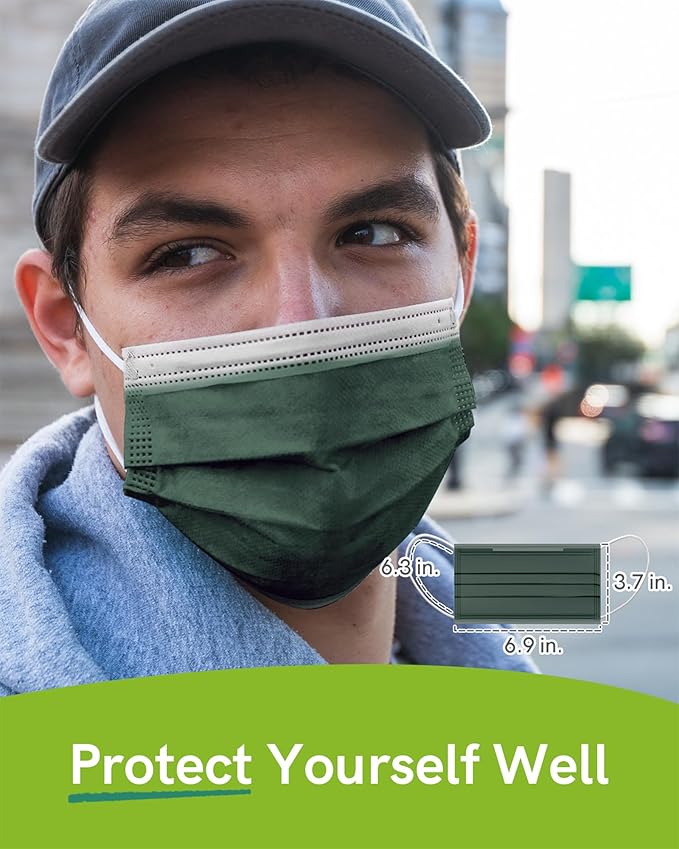 FriCARE Disposable Face Masks, 3-Ply ASTM Level 3 Medical Grade, FSA/HSA Eligible, Breathable & Comfortable for Allergy/Sun Protection, 50 Pack Hunter Green