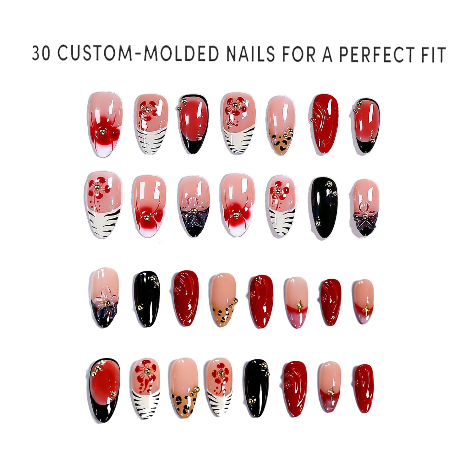 Press On Nails - MAGLFELL Handmade Almond French Fake Nails, Painting 3D Floral Design, Reusable Artificial False Nails for Women 15 Sizes - 30Pcs Stick On Nails Kit