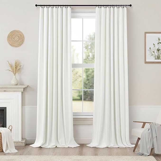 Ivory 100% Blackout Curtains 96 Inches Long 2 Panels Farmhouse Style Bedroom Windows Viral Basic Curtains for Living Room Black Out Neutral Drapes Linen Textured 52x96 Length Back Tab Pocket Off White