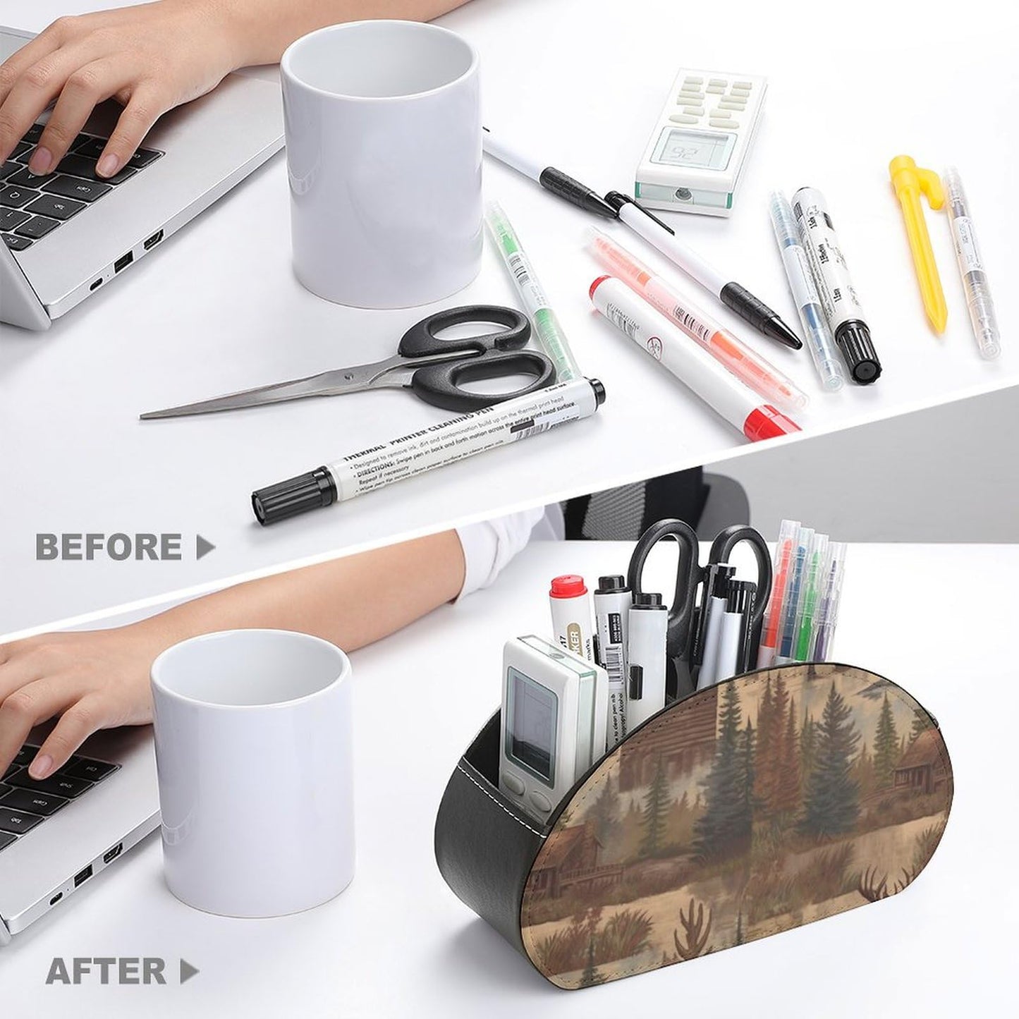 DWVSFJM Rustic Lodge Bear Moose Remote Control Holder Desk Storage Organizer Box PU Leather Remote Caddy with 5 Compartments Fashionable Pen Storage Box Modern Desktop Organizer