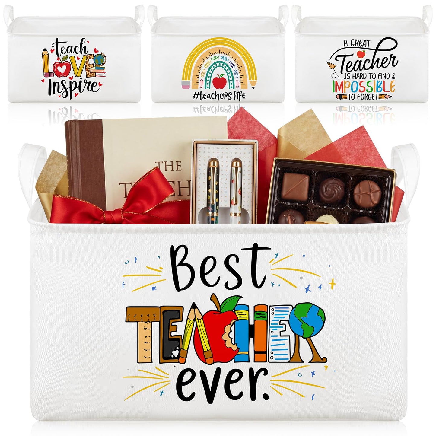 Breling 4 Pcs Teacher Appreciation Gift Basket Empty Best Teacher Ever Storage Baskets with Handle Large Collapsible Storage Bins Box for Teacher's Appreciation Week Book Office, 15 x 10 x 8 in