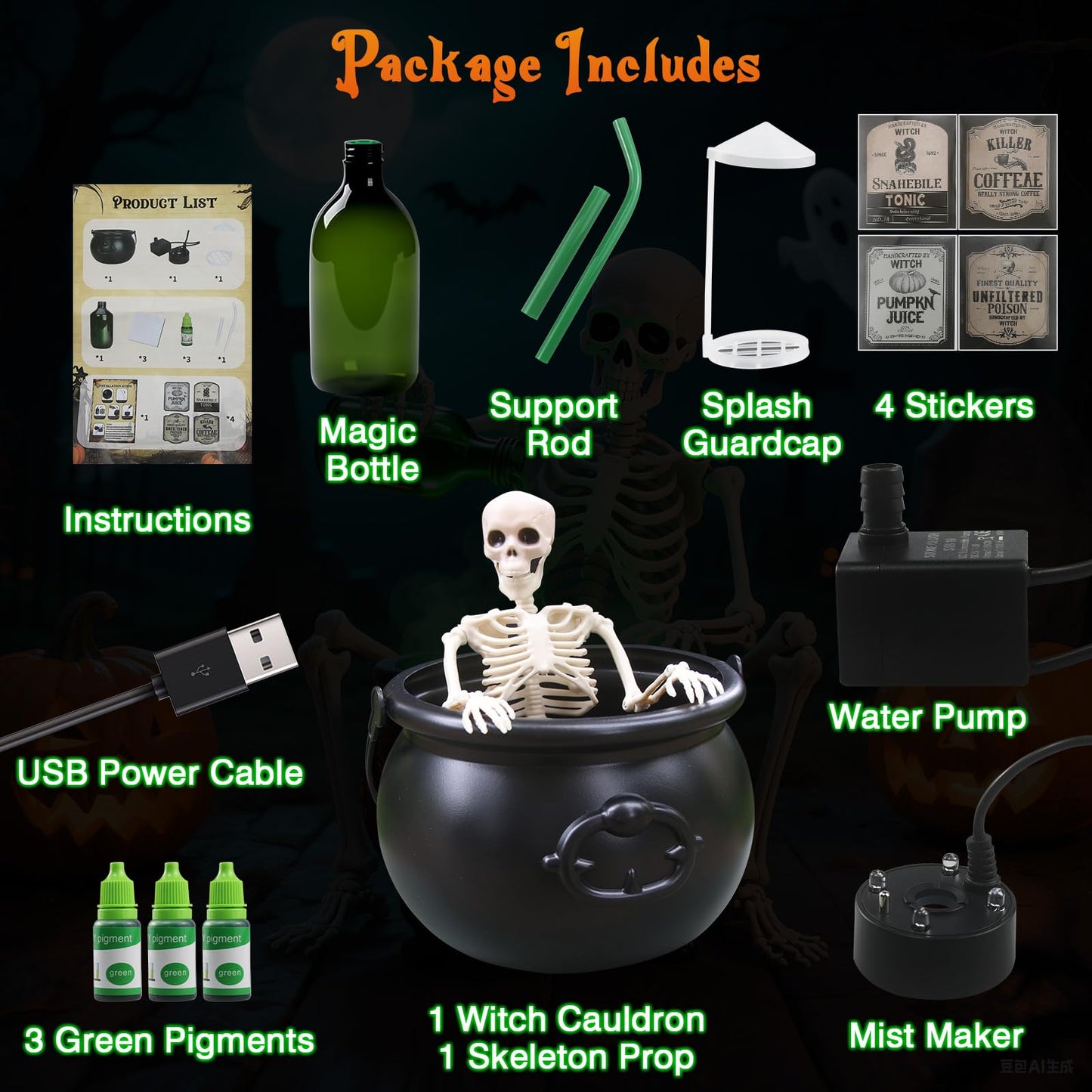 Halloween Decorations - Cauldron Halloween Decor with Magic Floating Potion Bottles Fog Diffuser Spooky Skeletons & Black Plastic Witches Bowl for Indoor Outdoor Party/Table/Mantel/Kitchen Decor