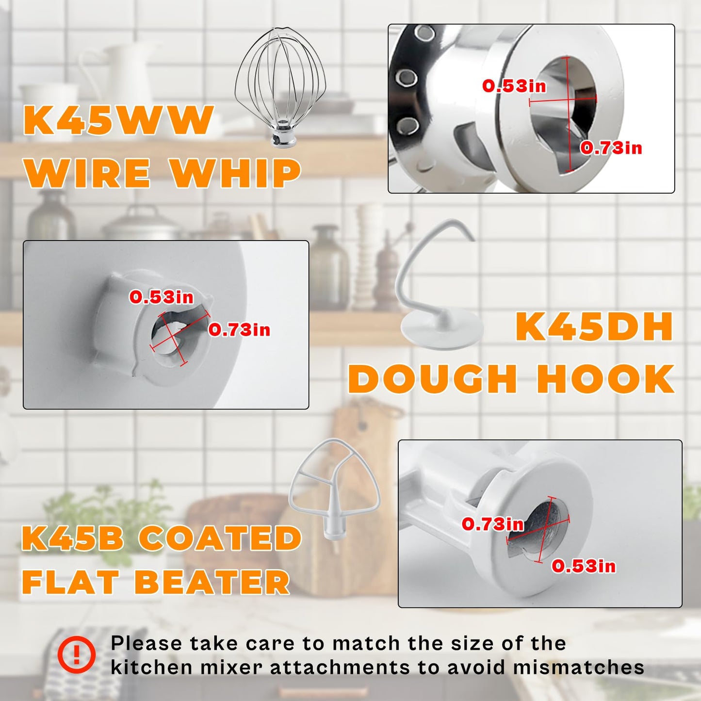 3 Pack Mixer Attachments for Kitchen Aid 4.5-5 Quart Tilt-Head Stand Mixers, Heavy-Duty Metal,Includes K45DH Dough Hook, K45B Flat Beater,K45WW Wire Whip, Dishwasher Safe Replacement Kit by TOMOON