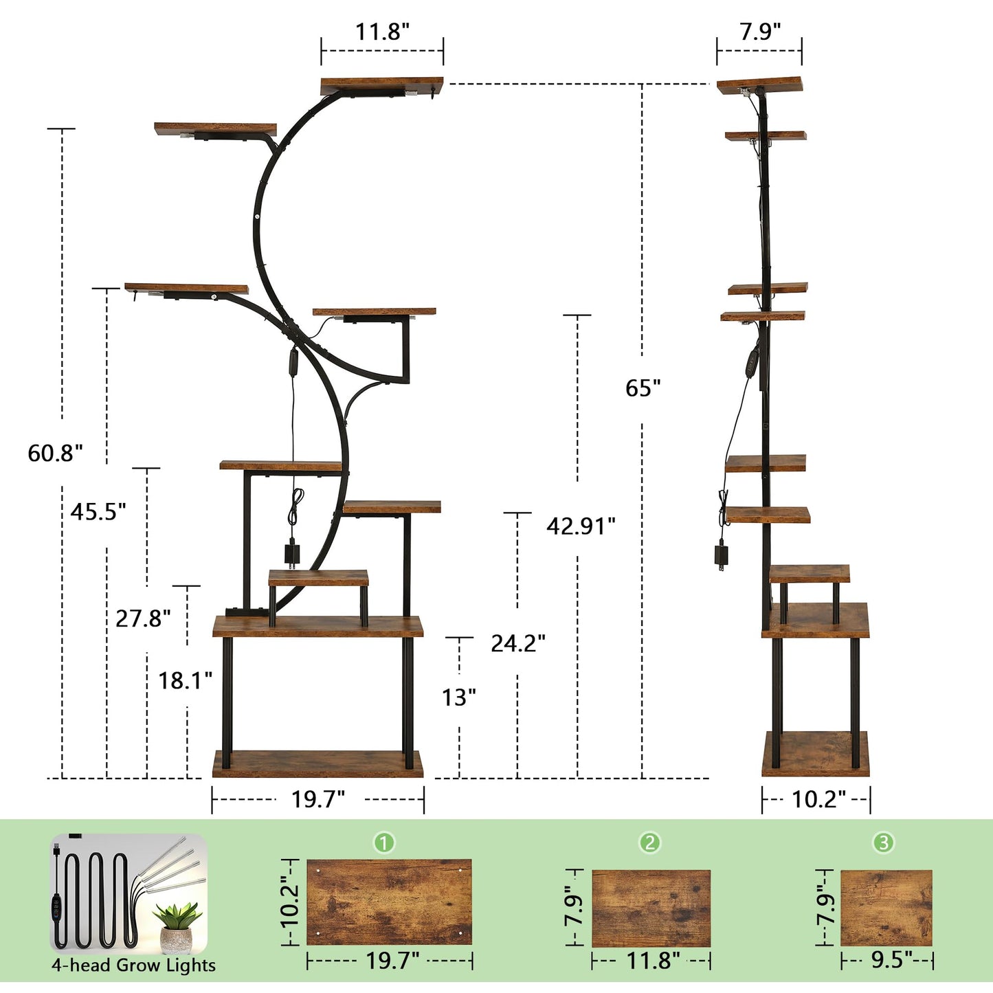 VECELO 66.1" Tall Plant Stand Indoor with Grow Lights, 9-Tier Plant Shelf with Hanging Hooks, S-Shaped Metal Plant Rack, Space-Saving for Home, Living Room & Corner Spaces, Brown