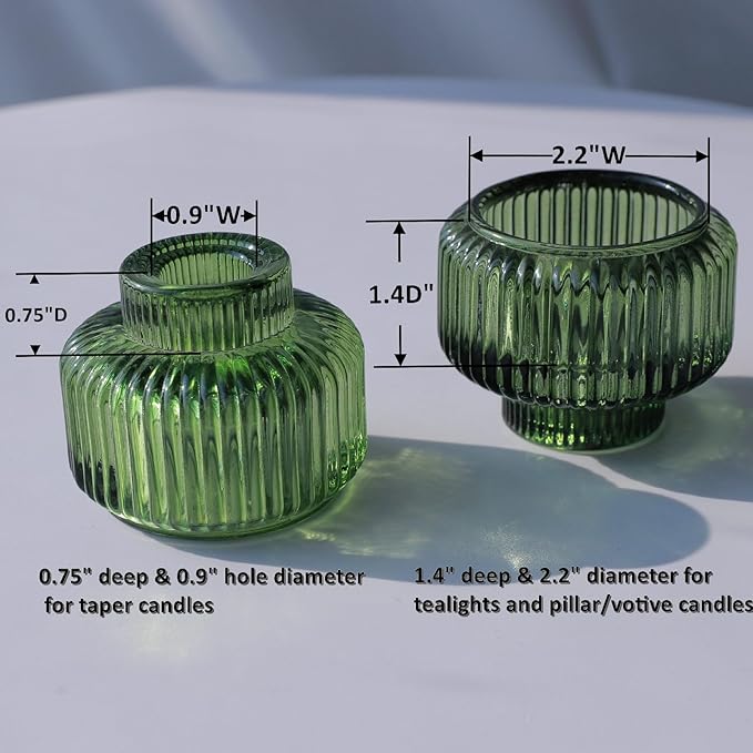 Woho Candlestick Holders Set of 4 for Taper Candles/Tea Lights, Green Ribbed Candle Sticks Holder Decor for Table Centerpiece, Reversible Taper Candle Holders Glass for Christmas Home Decoration
