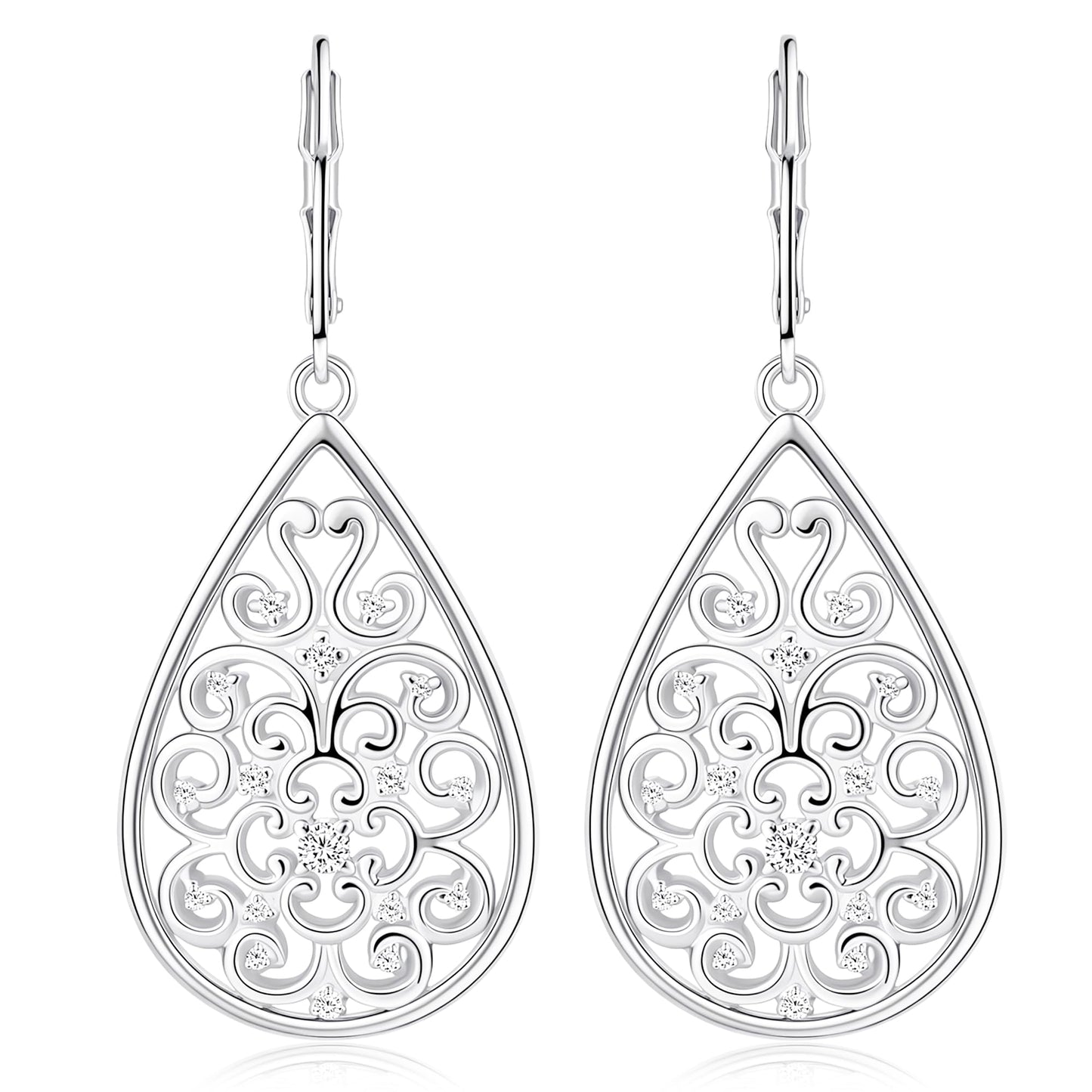 Sterlings Silver Teardrop Earrings for Women Silver Dangle Hypoallergenic Leverback Filigreee Silver Drop Earring Dangle for Sesitive earrs(Filigree-C-S)