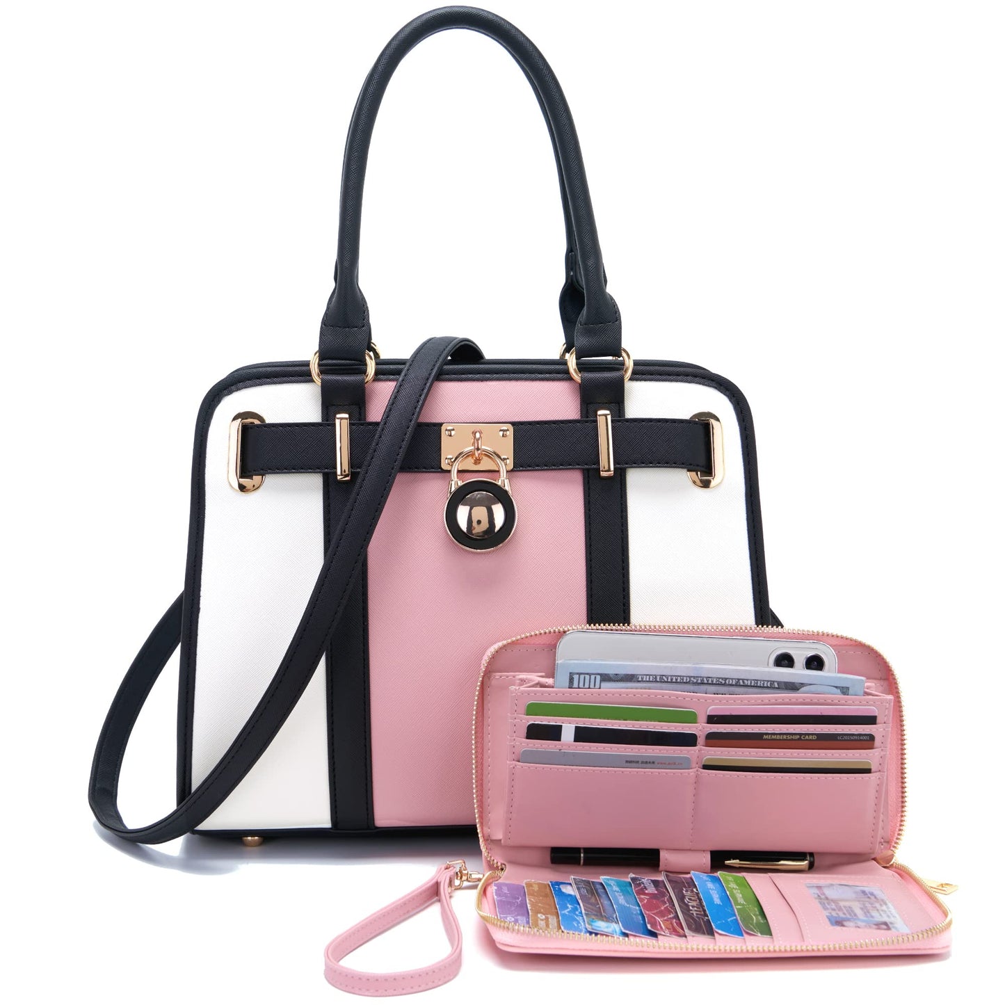 Handbags Sets For Women Shoulder Bags Top Handle Work Satchel Tote Purses Set With Matching Wallet 2pcs WhitePink