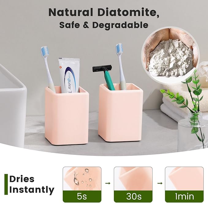 Luxspire Toothbrush Holders, 2 PCS Diatomite Toothbrush Cups, Fast Drying Toothbrush Holders for Bathroom, Toothpaste Holder for Bathroom Countertop, Pink