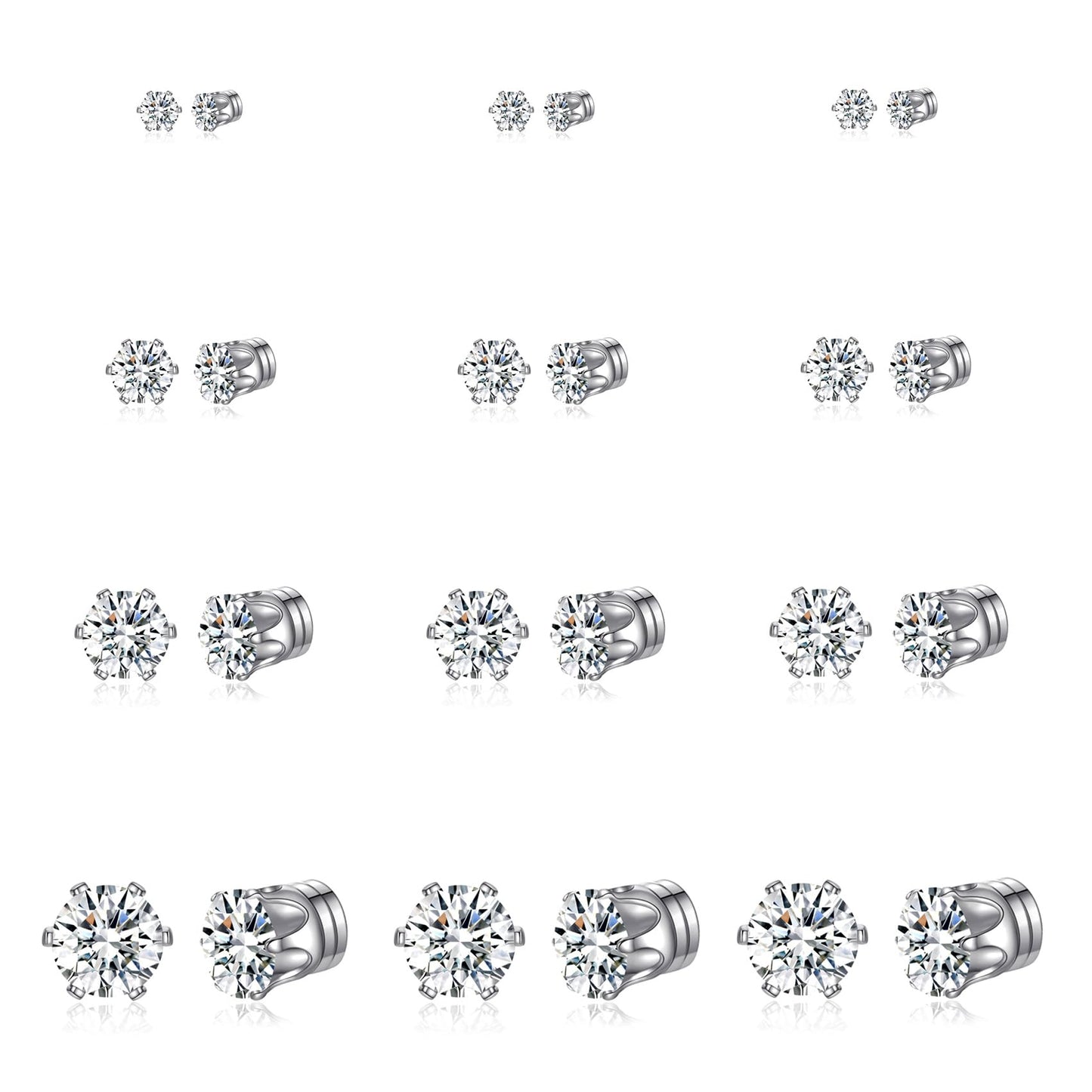 Spiritlele 12 Pairs Silver Small Big Cubic Zirconia Magnetic Earrings Clip on Non Piercing Earrings Set Unisex 4MM-7MM