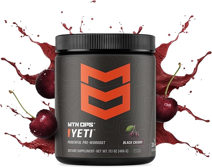 MTN OPS Yeti Pre-Workout Powder Energy Drink with Creatine, 200mg Caffeine & BCAAs with Beta Alanine, 30-Serving Tub, Black Cherry