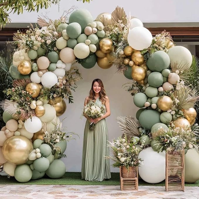 Dusty Green & White Gold Balloon Arch Kit, Double Stuffed – Sage Green, Sand White, Beige, Olive & Metallic Latex Balloons for Baby Shower, Bridal & Wedding