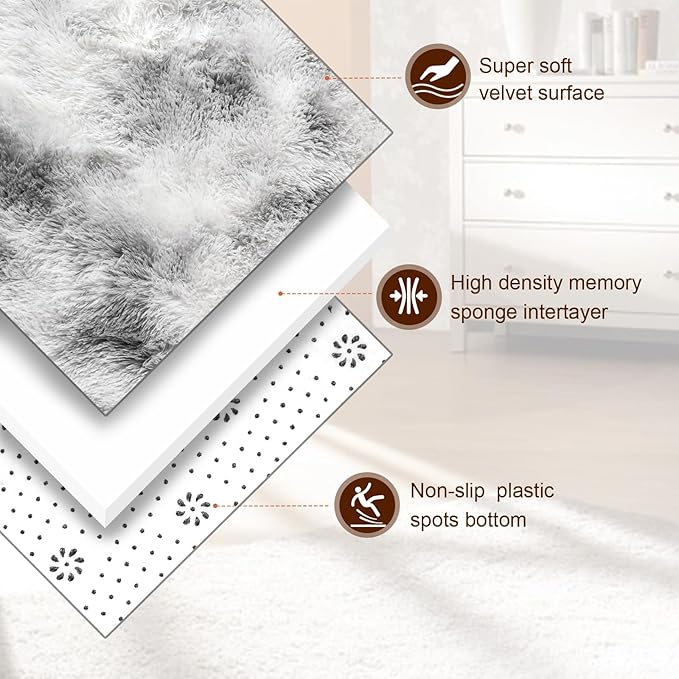 TWINNIS Super Soft Shaggy Rugs Fluffy Carpets 5x8 Feet, Indoor Modern Plush Area Rugs for Living Room Bedroom Kids Room Nursery Home Decor, Upgrade Anti-Skid Fuzzy Rug, Grey and White